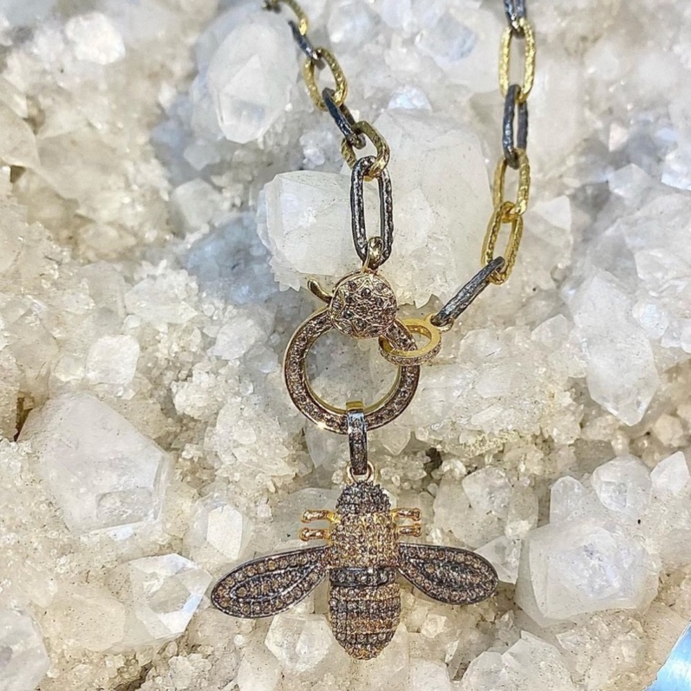 2-Tone Bee with Pave Diamonds on Gold Paperclip Chain with Diamond Clasp